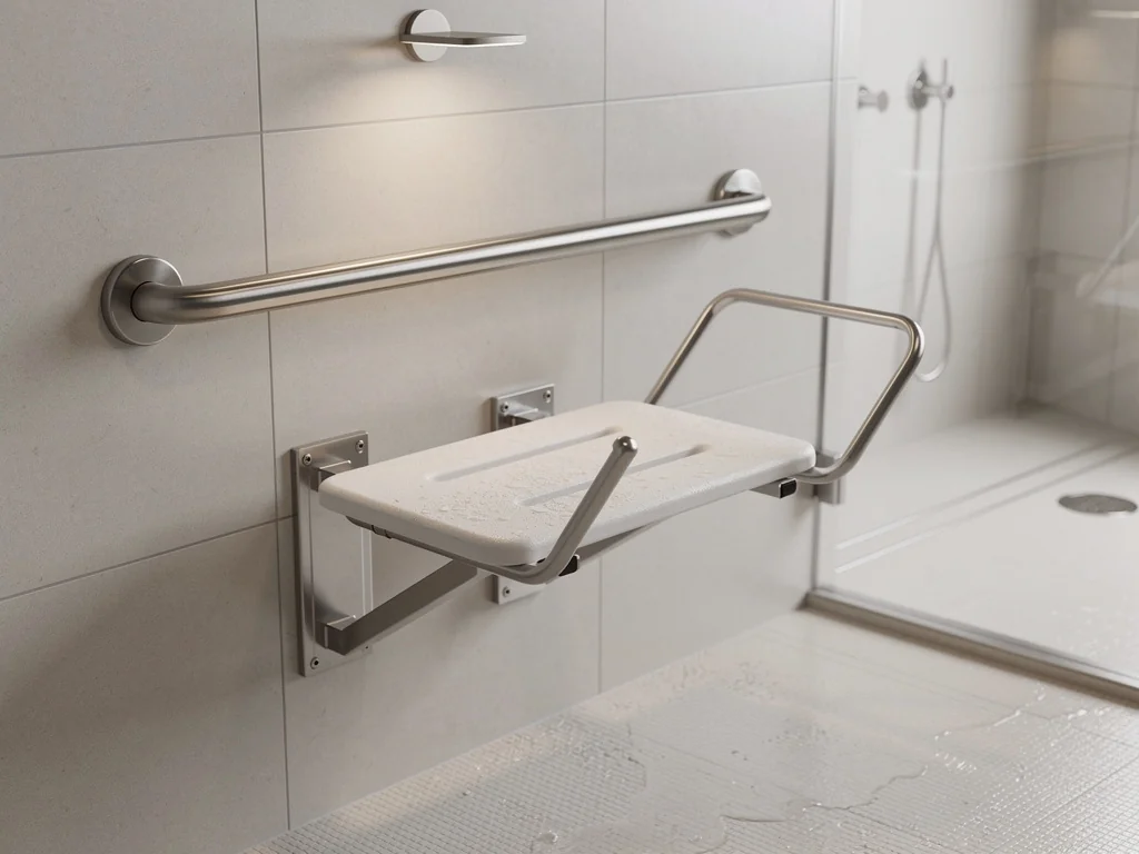 Barres d'appui inox et siège de douche mural dans une salle de bain adaptée