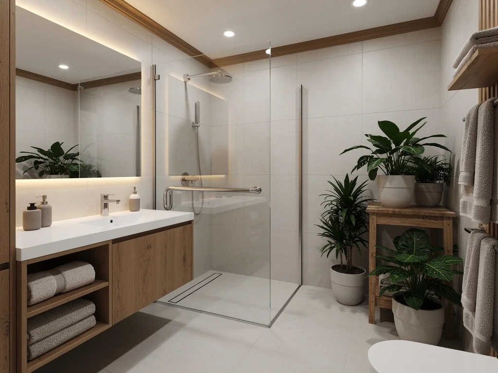 Salle de bain rénovée et chaleureuse avec douche accessible sans marche